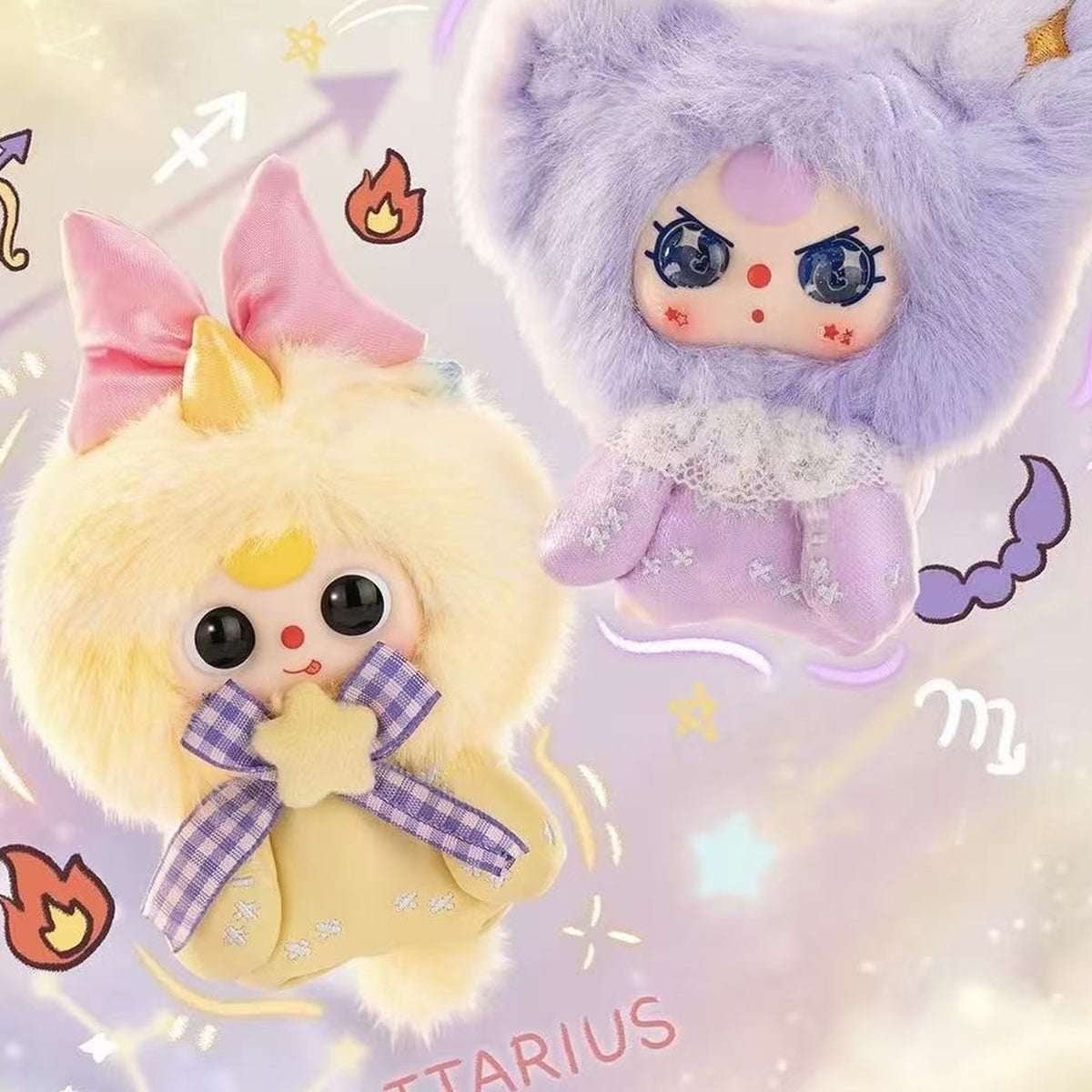 Baby Three Zodiac Guardian Star Series Plush Pendant Blind Box - Complete yellow plush pendant example; adjacent purple detail cropped; random design not guaranteed