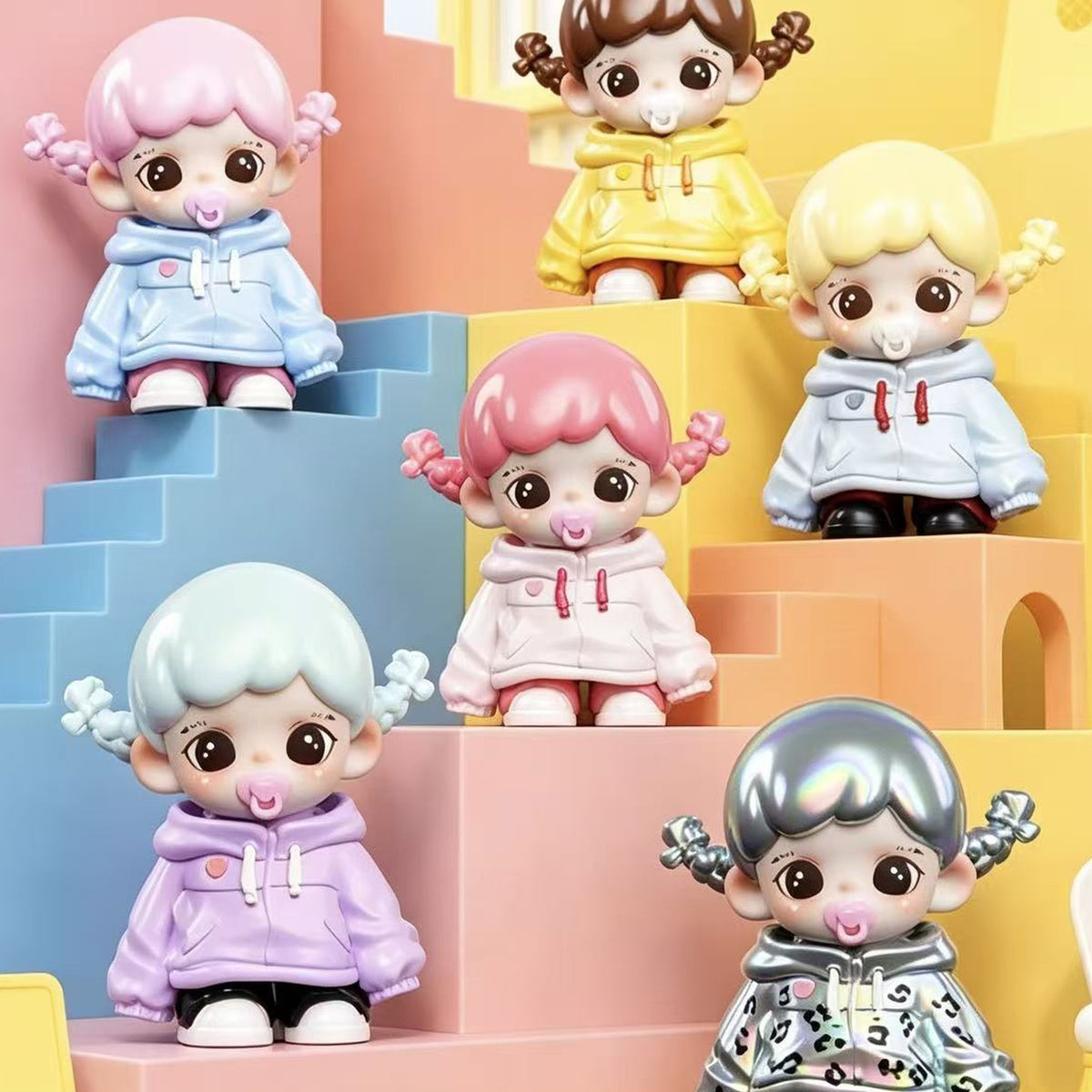 Baby Zoraa Candy Playhouse Mini Series Collectible Figure Blind Box - Series staircase display with complete central Baby Zoraa figure examples; random design not guaranteed