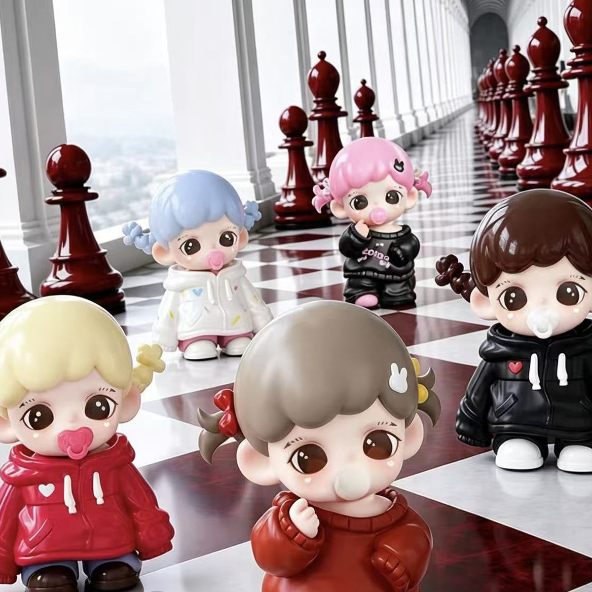 Baby Zoraa Candy Playhouse Mini Series Collectible Figure Blind Box - Baby Zoraa chessboard scene with complete central figure examples; random design not guaranteed