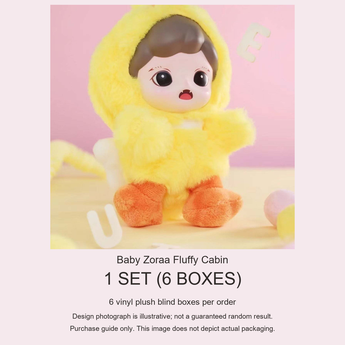 Baby Zoraa Fluffy Cabin purchase guide: 6 vinyl plush blind boxes; design reference, not actual packaging