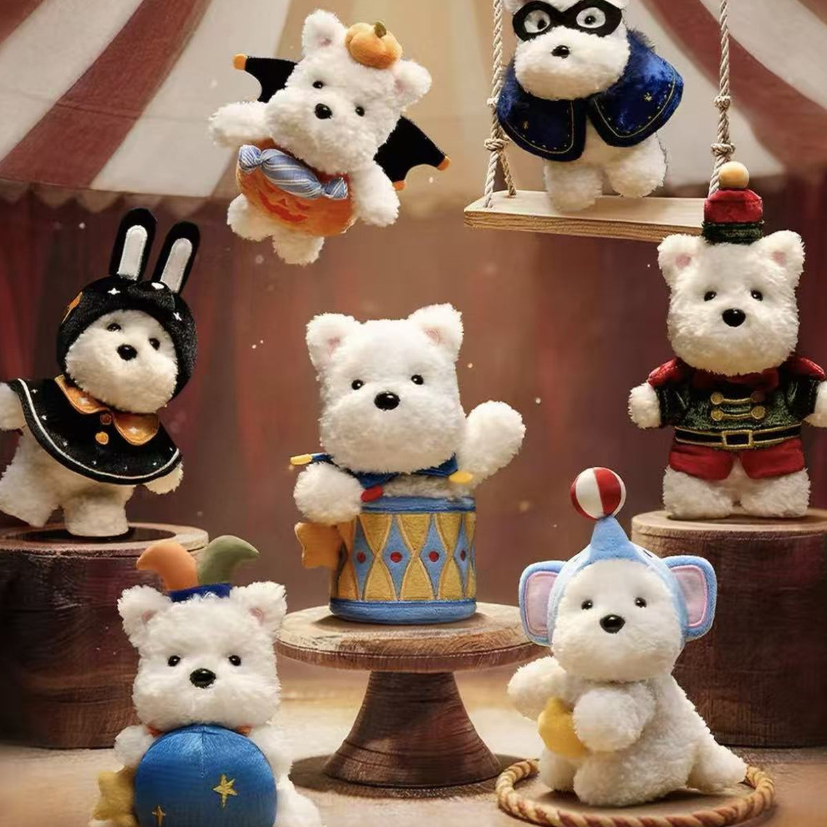Babycare Puppy Wonder Circus Series Plush Pendant Blind Box - Series overview with complete central puppy plush examples; display props not included; random design not guaranteed