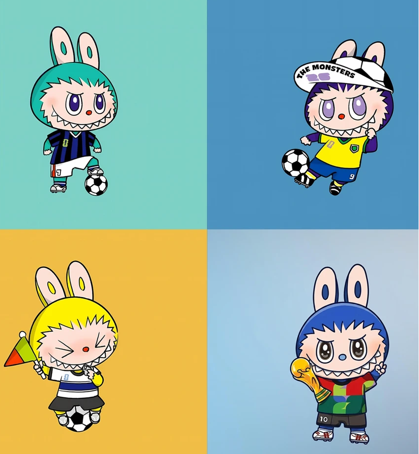 Four cartoon characters with rabbit ears on a grid of blue, yellow, and gray backgrounds.