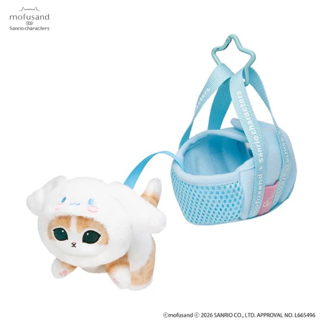 Mofusand x Sanrio Blanket Cat Cinnamoroll named design with matching small mesh carrier and hanging strap; original brand and copyright marks retained