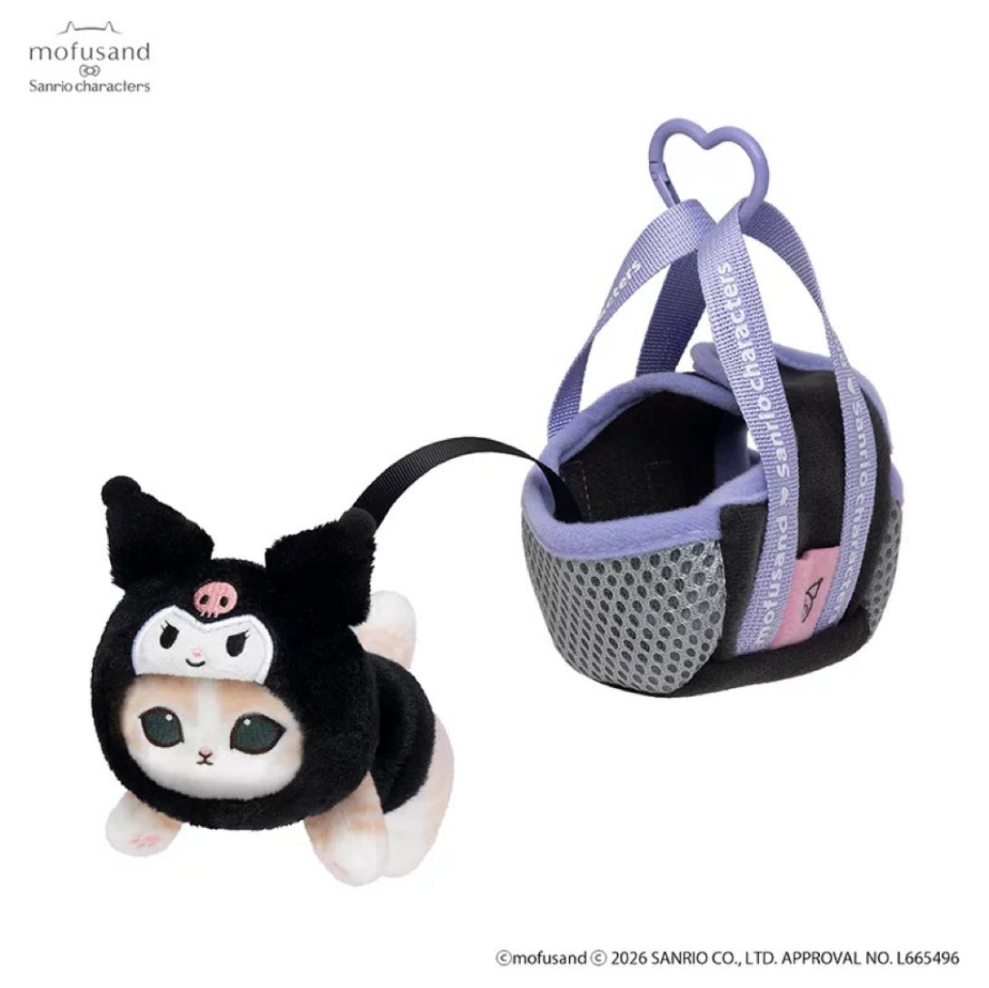 Mofusand x Sanrio Blanket Cat Kuromi named design with matching small mesh carrier and hanging strap; original brand and copyright marks retained