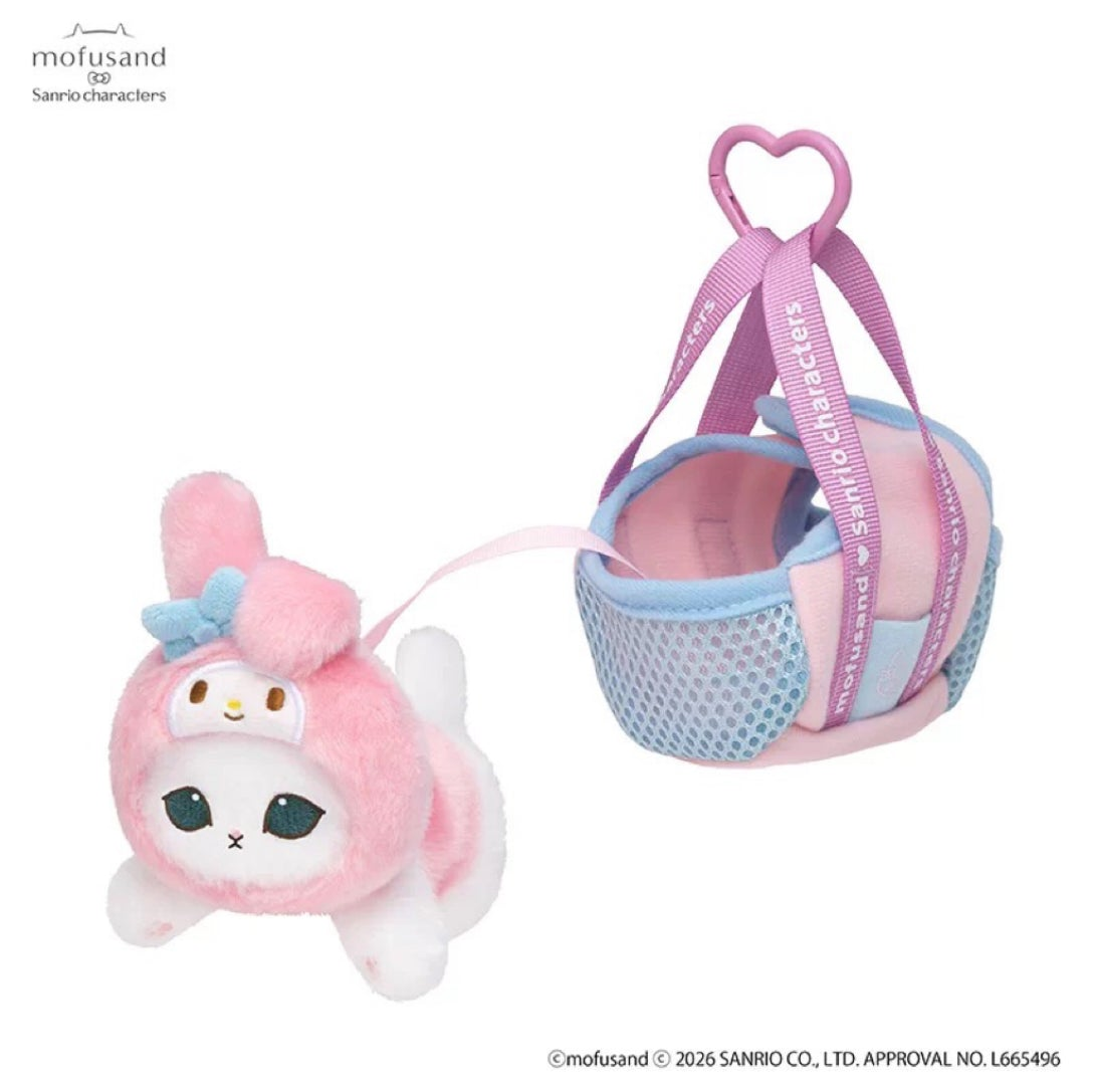 Mofusand x Sanrio Blanket Cat My Melody named design with matching small mesh carrier and hanging strap; original brand and copyright marks retained
