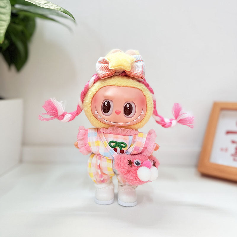 Cherry Pink Braid Outfit with KD White Shoes for Collectible Toy Figures - front view | KikiBuddies