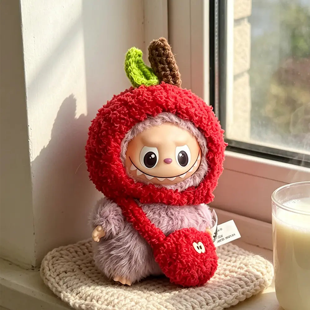 Classic Red Apple Knit Hat & Bib Set for Labubu V4 10cm - front view | KikiBuddies