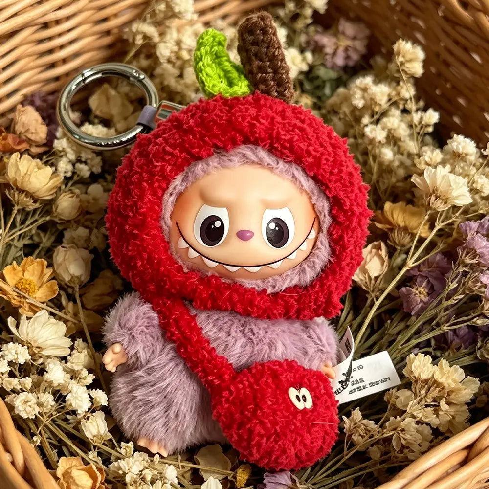 Classic Red Apple Knit Hat & Bib Set for Labubu V4 10cm - material detail | KikiBuddies