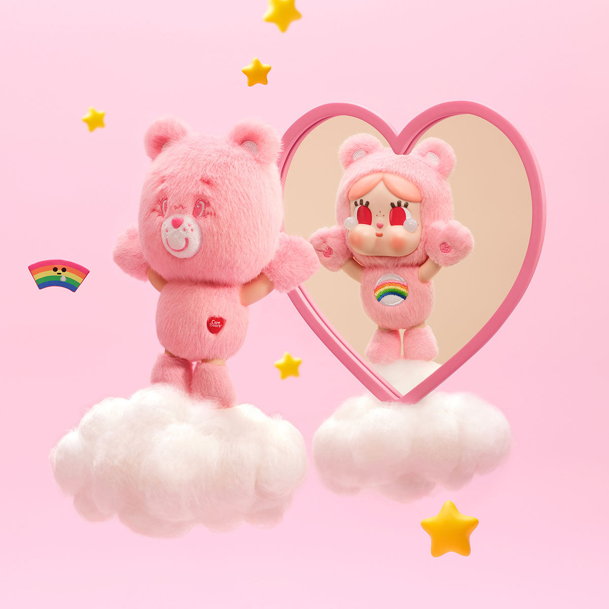 CRYBABY x Care Bears pink pendant shown front and back as a possible design; mirror and clouds not included