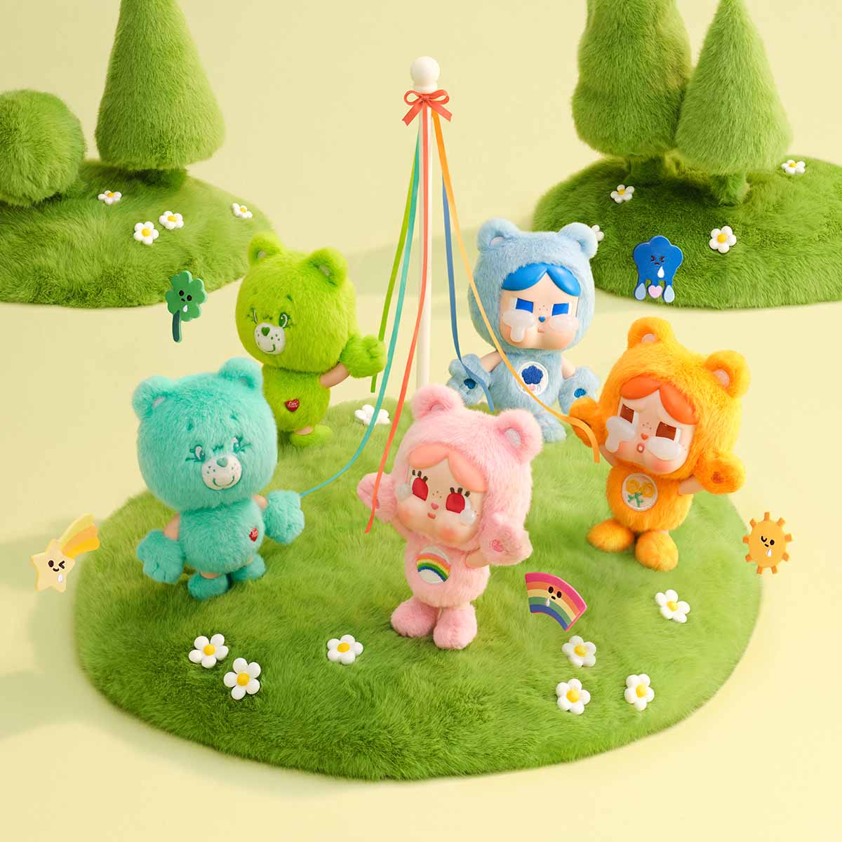CRYBABY x Care Bears example designs in a styled scene; one random blind box only, props not included