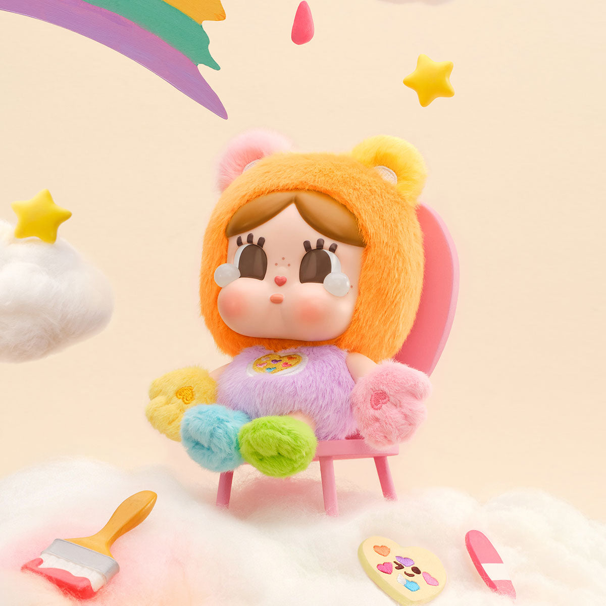 CRYBABY × Care Bears Work of Heart Bear (Secret) confirmed plush pendant — original display; scenery props are not included