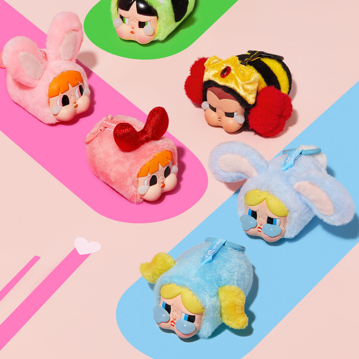 CRYBABY x The Powerpuff Girls design group in an oblique display; choose one design, not the pictured group
