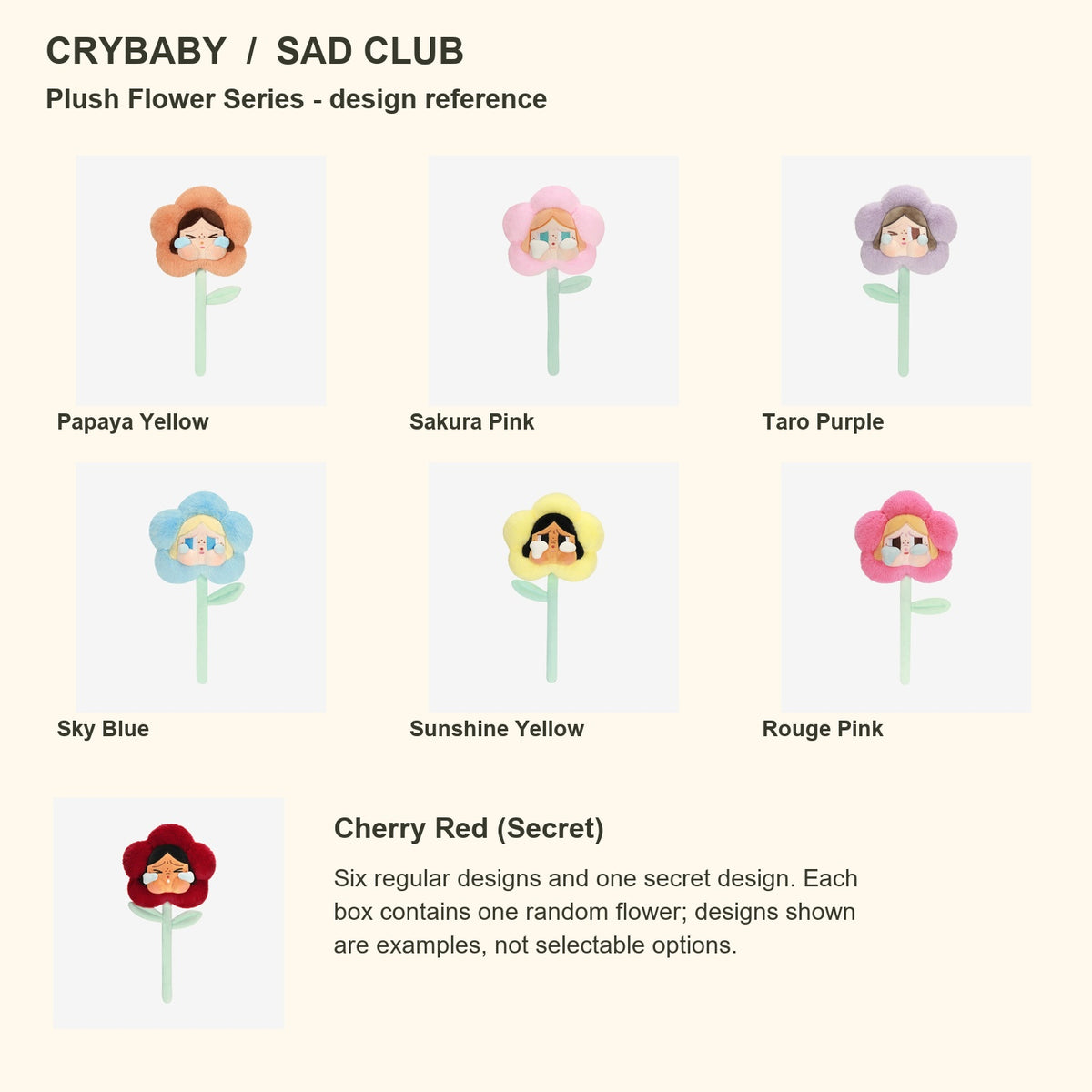 CRYBABY Sad Club six regular plush flower designs and Cherry Red secret; assortment reference, not confirmed character options