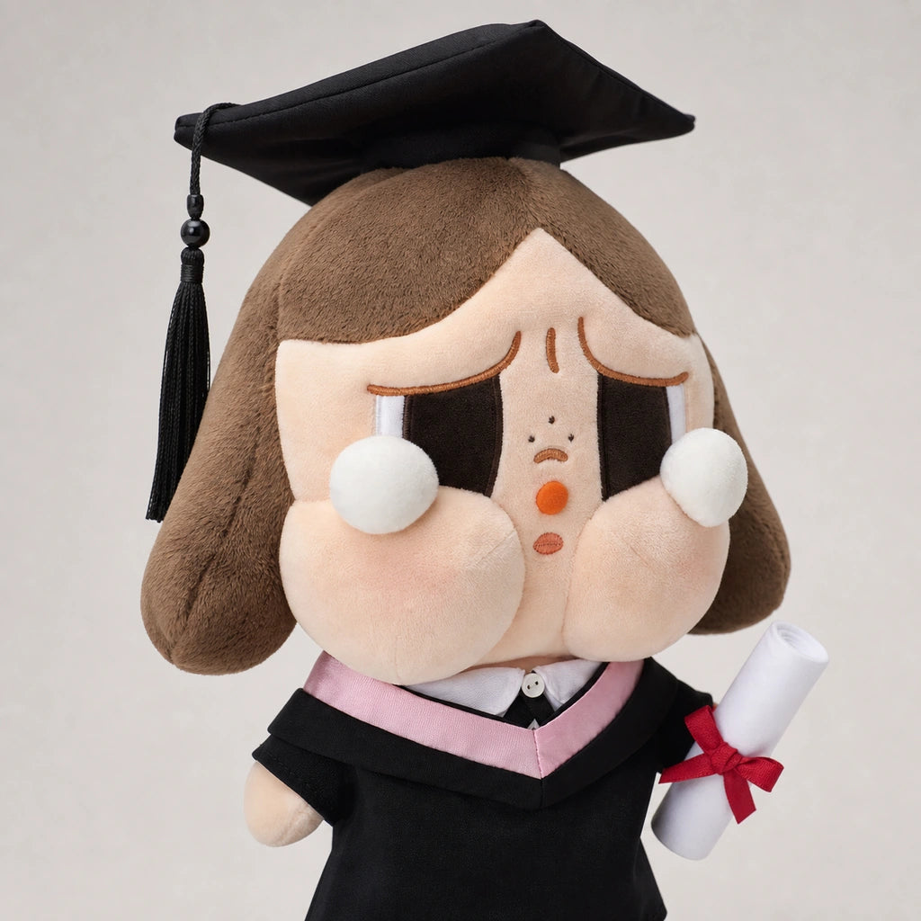 CRYBABY Sunset Concert Series-Plush Doll close-up showing plush texture, cap, gown and diploma ribbon