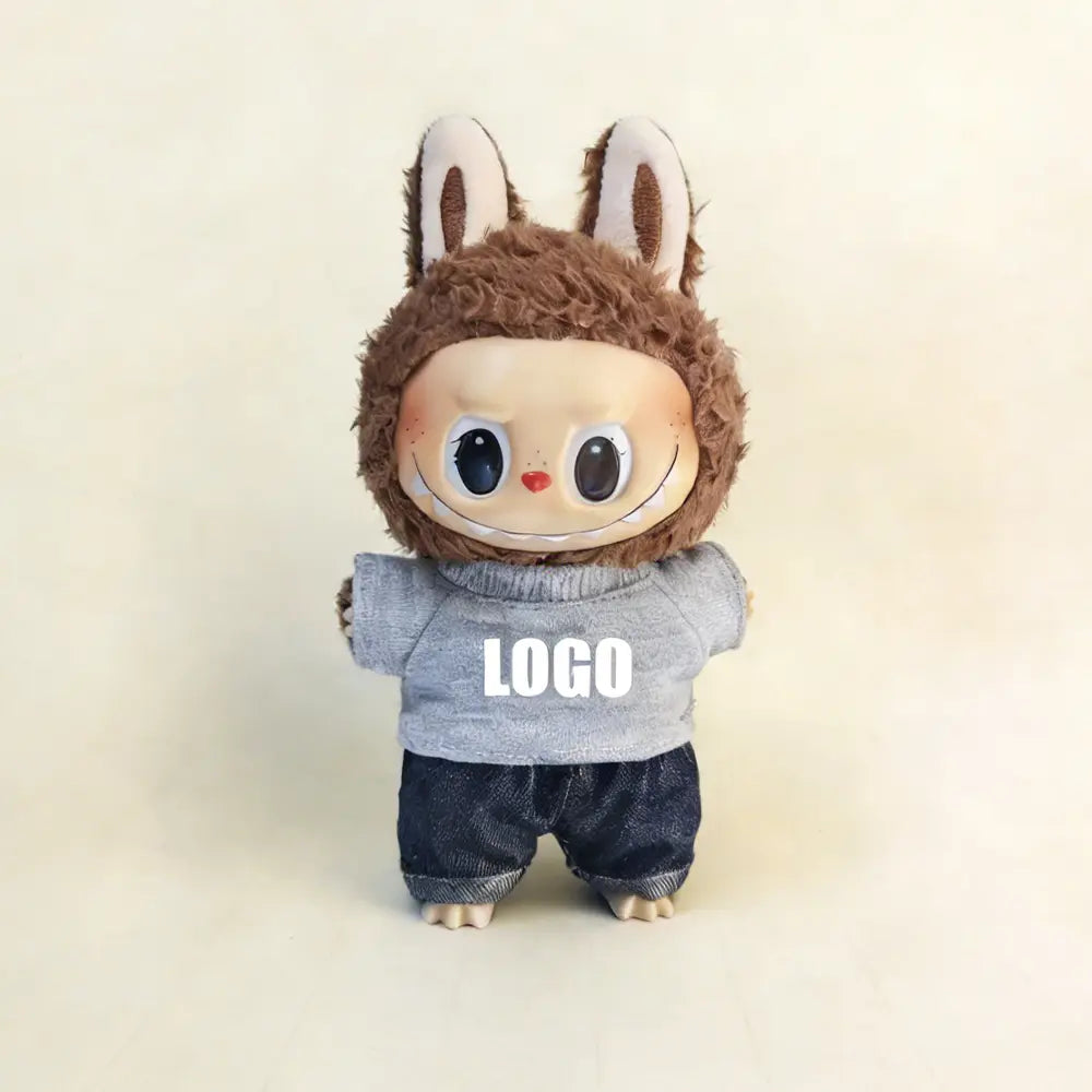 Custom Outfit For Labubu: T-Shirt & Joggers Set Series - Gray doll outfit detail view | KikiBuddies