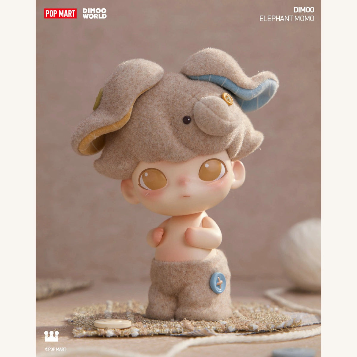 DIMOO 9th Anniversary Elephant Momo confirmed figure, full front view with elephant hat and blue button