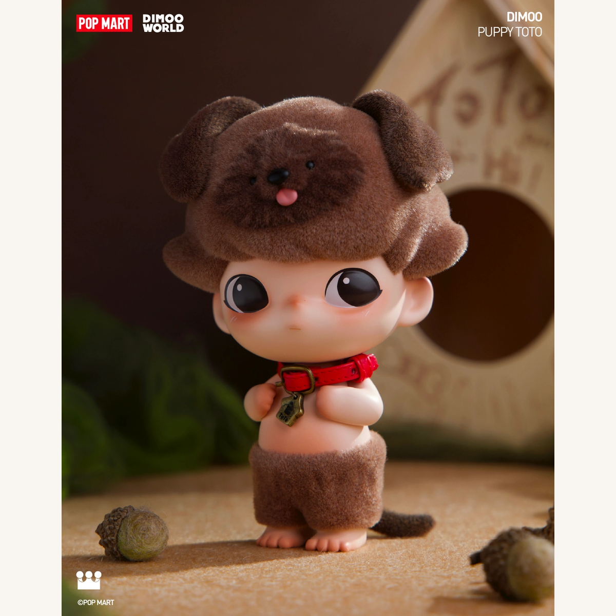 DIMOO 9th Anniversary Puppy Toto confirmed figure, full front view with brown puppy hat and red collar