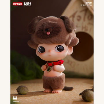 DIMOO 9th Anniversary Puppy Toto confirmed figure, full front view with brown puppy hat and red collar