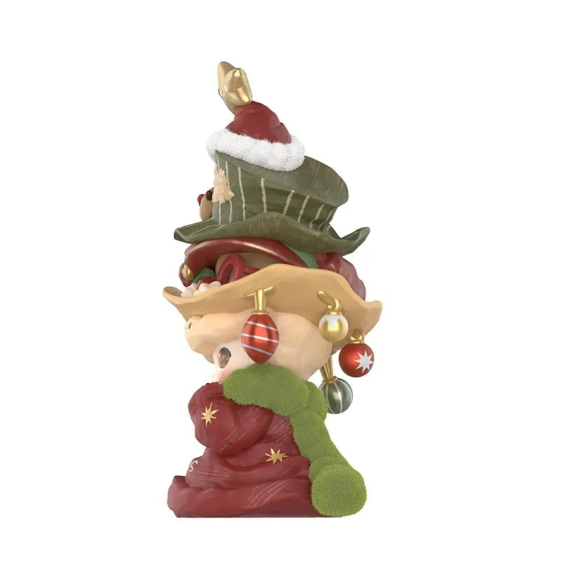 DIMOO Becoming a Tree Figure — side view showing stacked hats, ornaments and green scarf