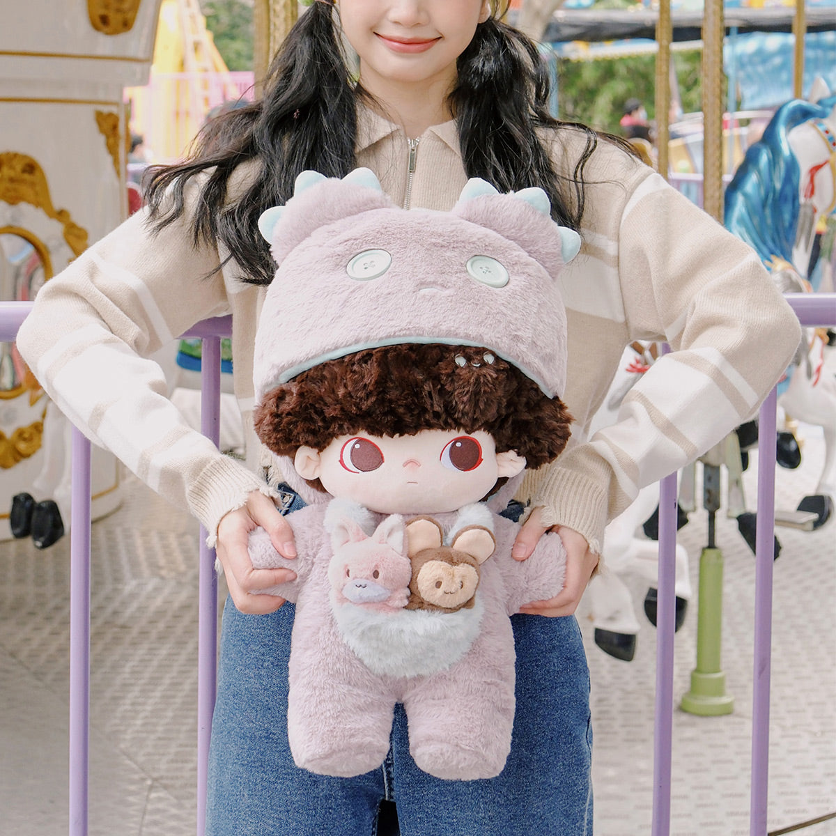 The purple DIMOO Dating plush held in a collector scene; surrounding display props are not included
