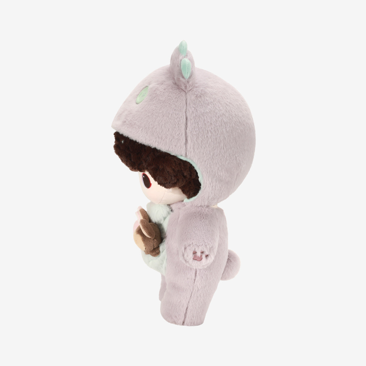 DIMOO Dating purple plush doll, side view showing the hood and outfit