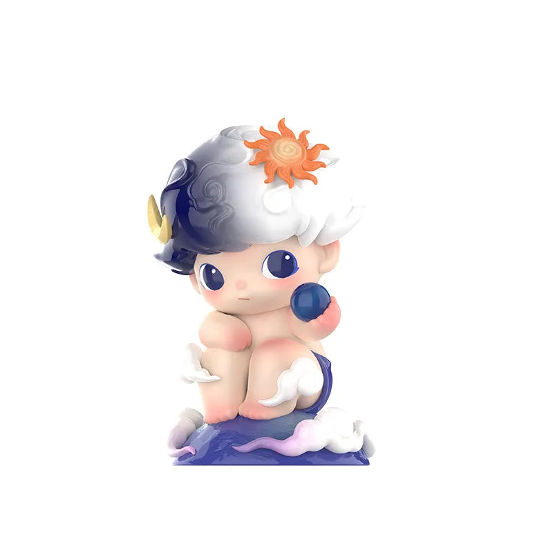 DIMOO Earth Day Figure — side view of the sun-and-moon hair and blue sculpted base