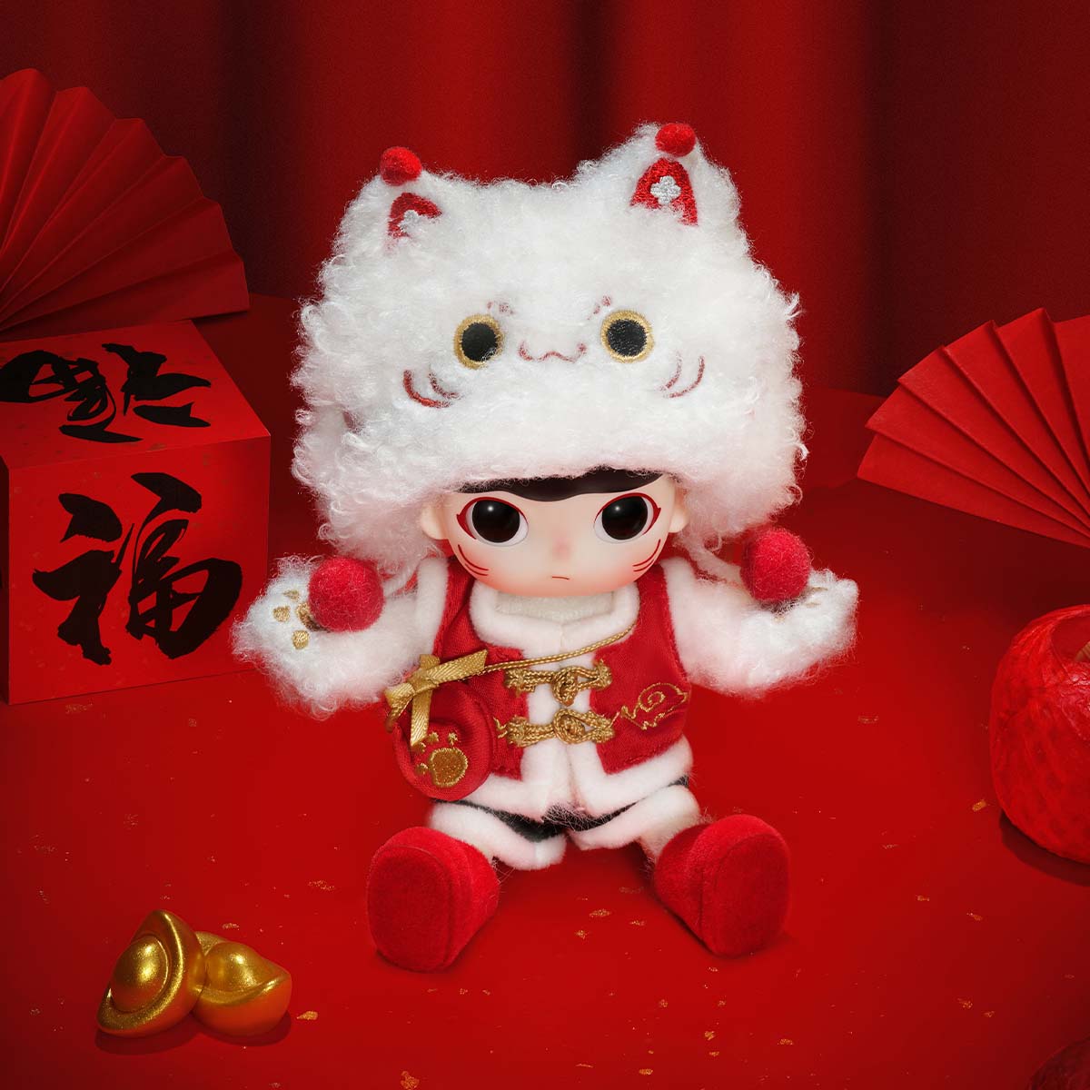 DIMOO Fortune Cat Action Figure - Seated display pose; coins and flowers are scene props, not included