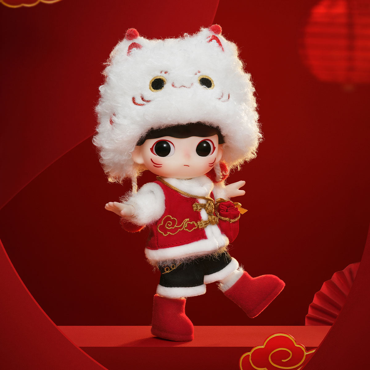 DIMOO Fortune Cat Action Figure - One-leg display pose showing the articulated body