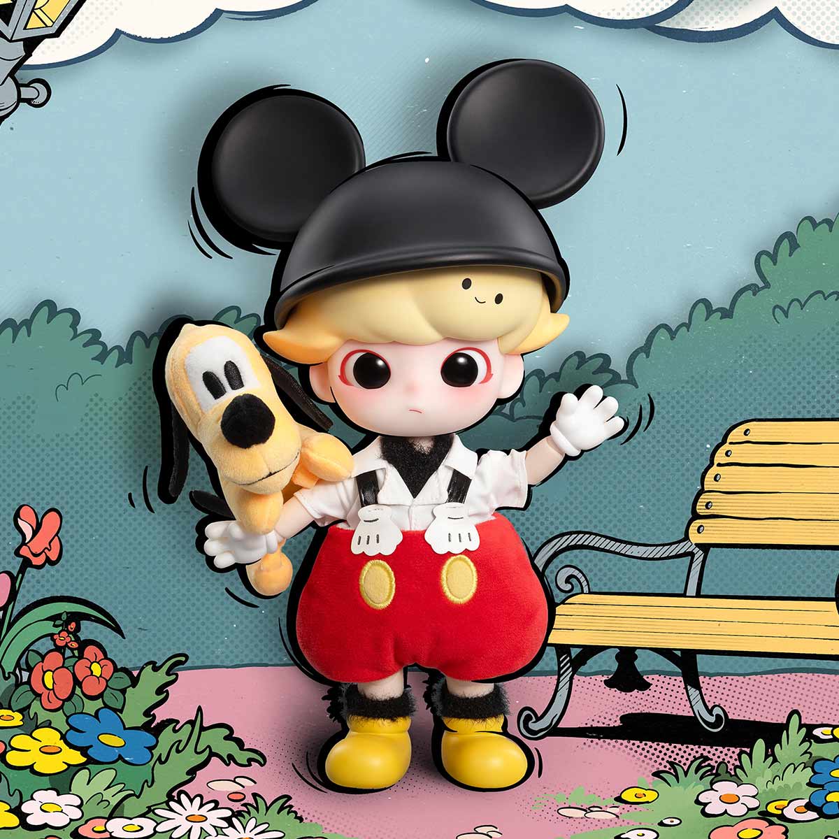 DIMOO Mickey 1/8 Action Figure - Mickey-inspired outfit with Pluto plush in a styled scene; scenery not included
