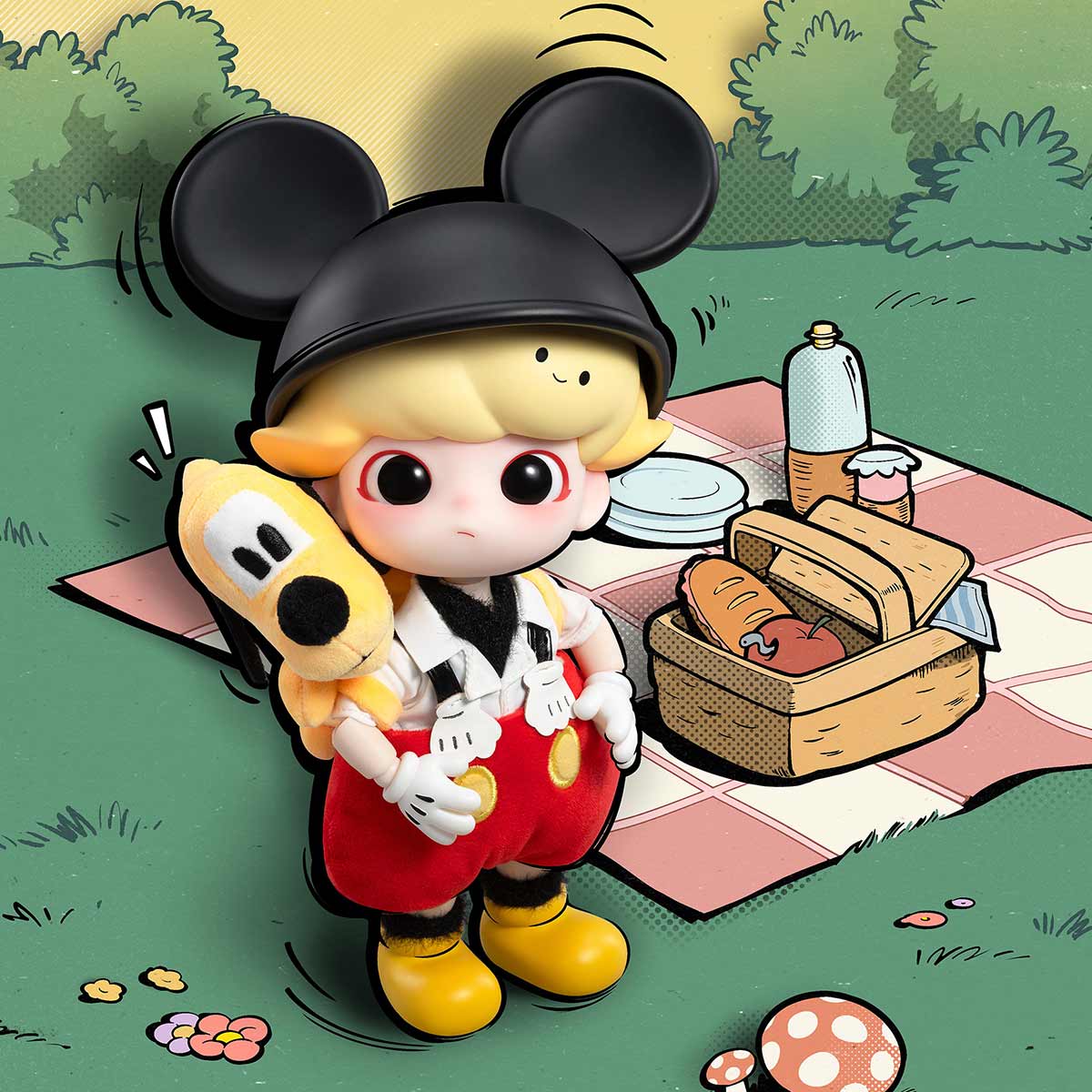 DIMOO Mickey 1/8 Action Figure - Oblique pose showing Mickey hat, outfit and shoes; picnic props not included