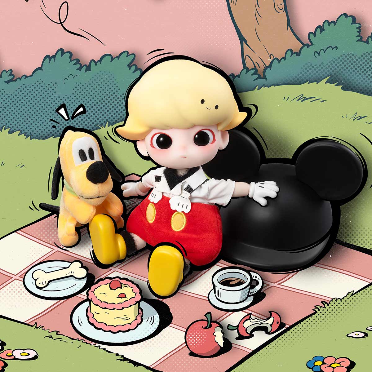 DIMOO Mickey 1/8 Action Figure - Seated display with the removable hat beside DIMOO; tea props not included