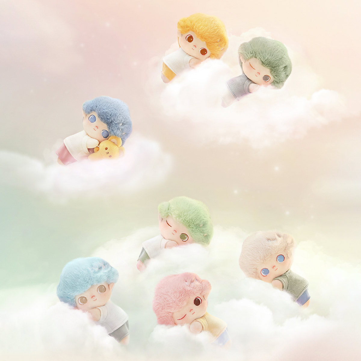 DIMOO My Cloud Companion color designs displayed in a cloud-themed scene; purchase includes one selected doll, not the full cast or scene props
