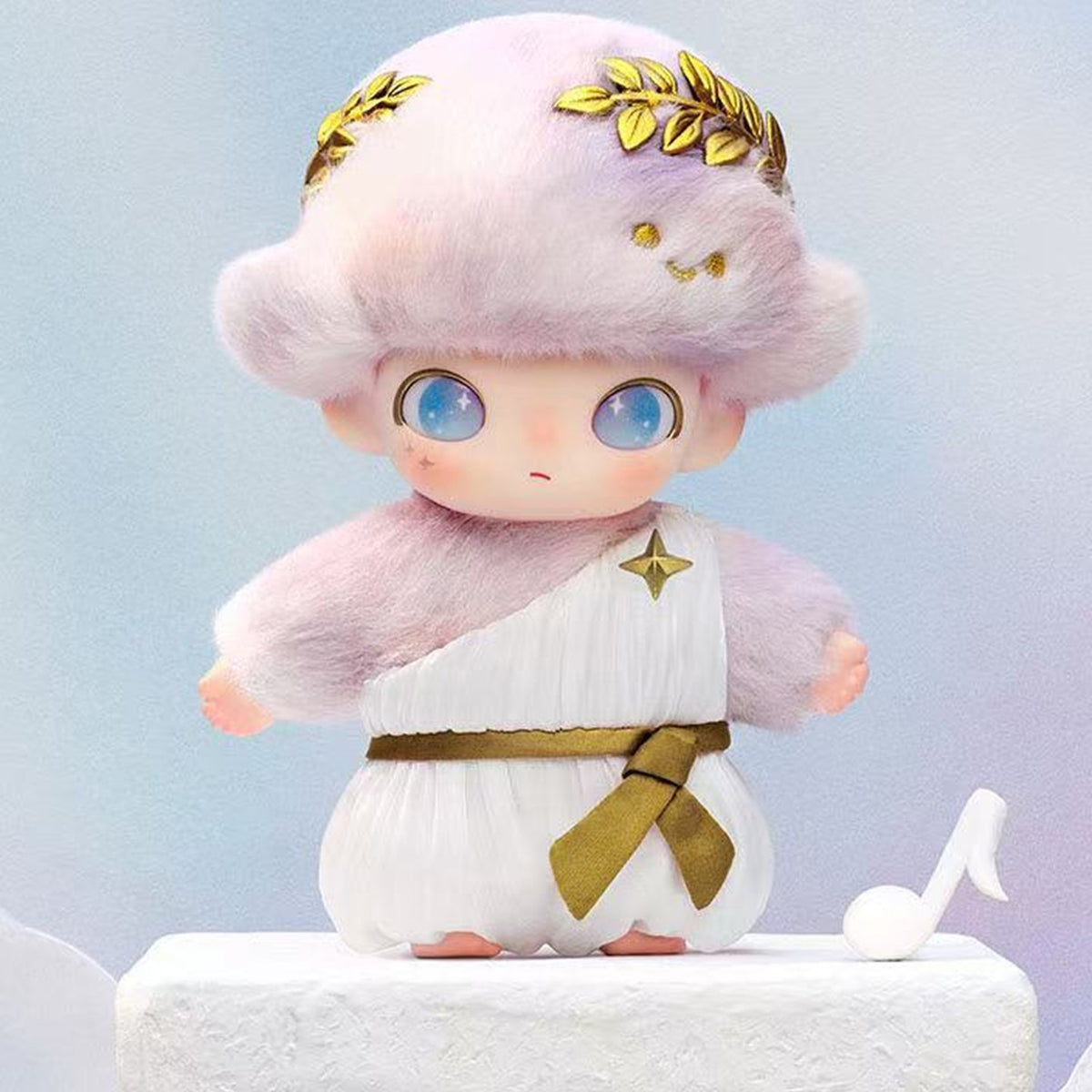 DIMOO Rondo of Dreams plush pendant — front view on a plinth beside a musical-note display prop