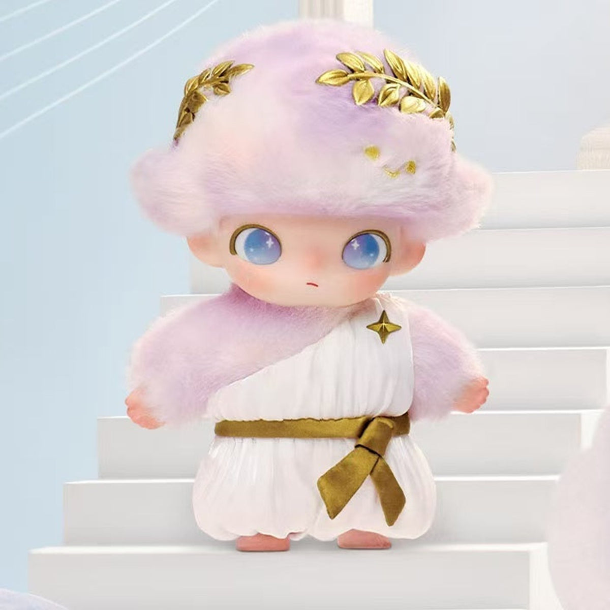 DIMOO Rondo of Dreams plush pendant — front view with gold laurel and white draped outfit on display steps