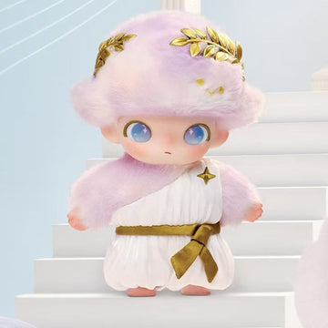 DIMOO Rondo of Dreams plush pendant — front view with gold laurel and white draped outfit on display steps