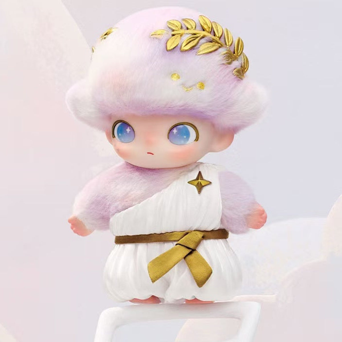 DIMOO Rondo of Dreams plush pendant — three-quarter view of gold laurel, white outfit and gold waist bow