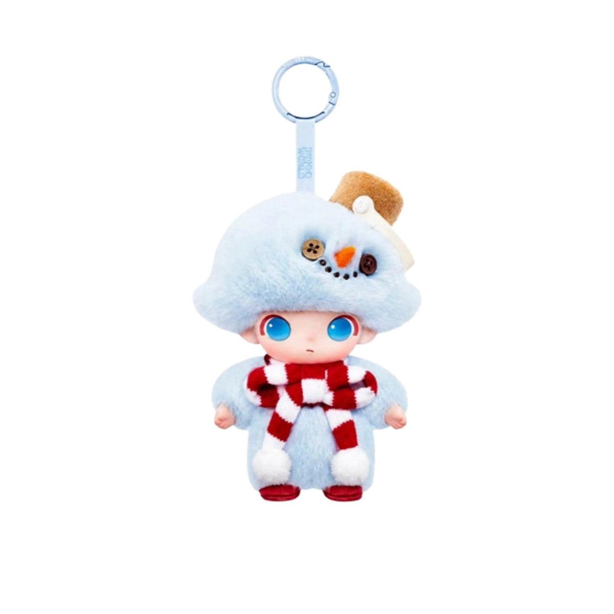DIMOO Snowman confirmed vinyl plush hanging collectible, full front view with hanging ring and red striped scarf