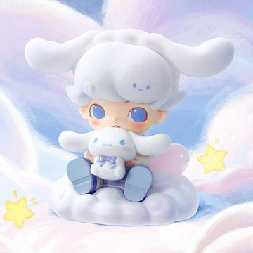 DIMOO WORLD x Cinnamoroll confirmed figurine, front view on a cloud base in a styled scene