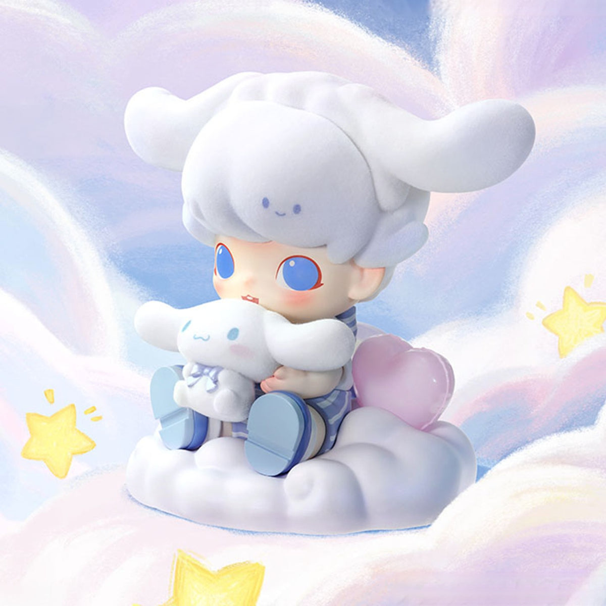 DIMOO WORLD x Cinnamoroll confirmed figurine, opposite three-quarter view in a cloud scene