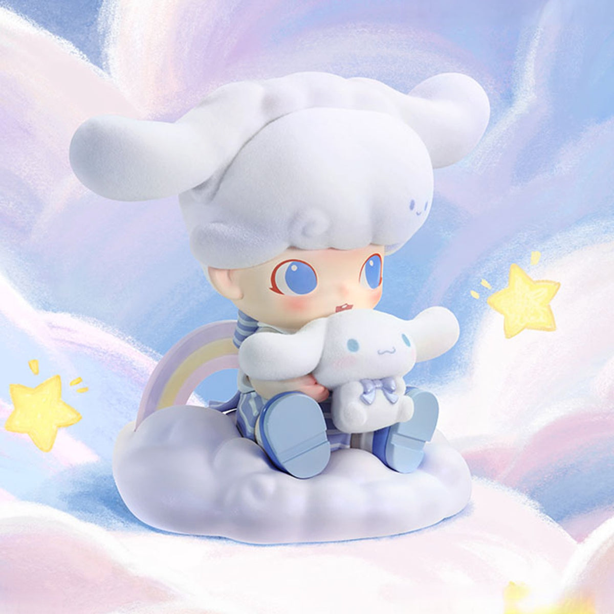 DIMOO WORLD x Cinnamoroll confirmed figurine, three-quarter view in a cloud scene