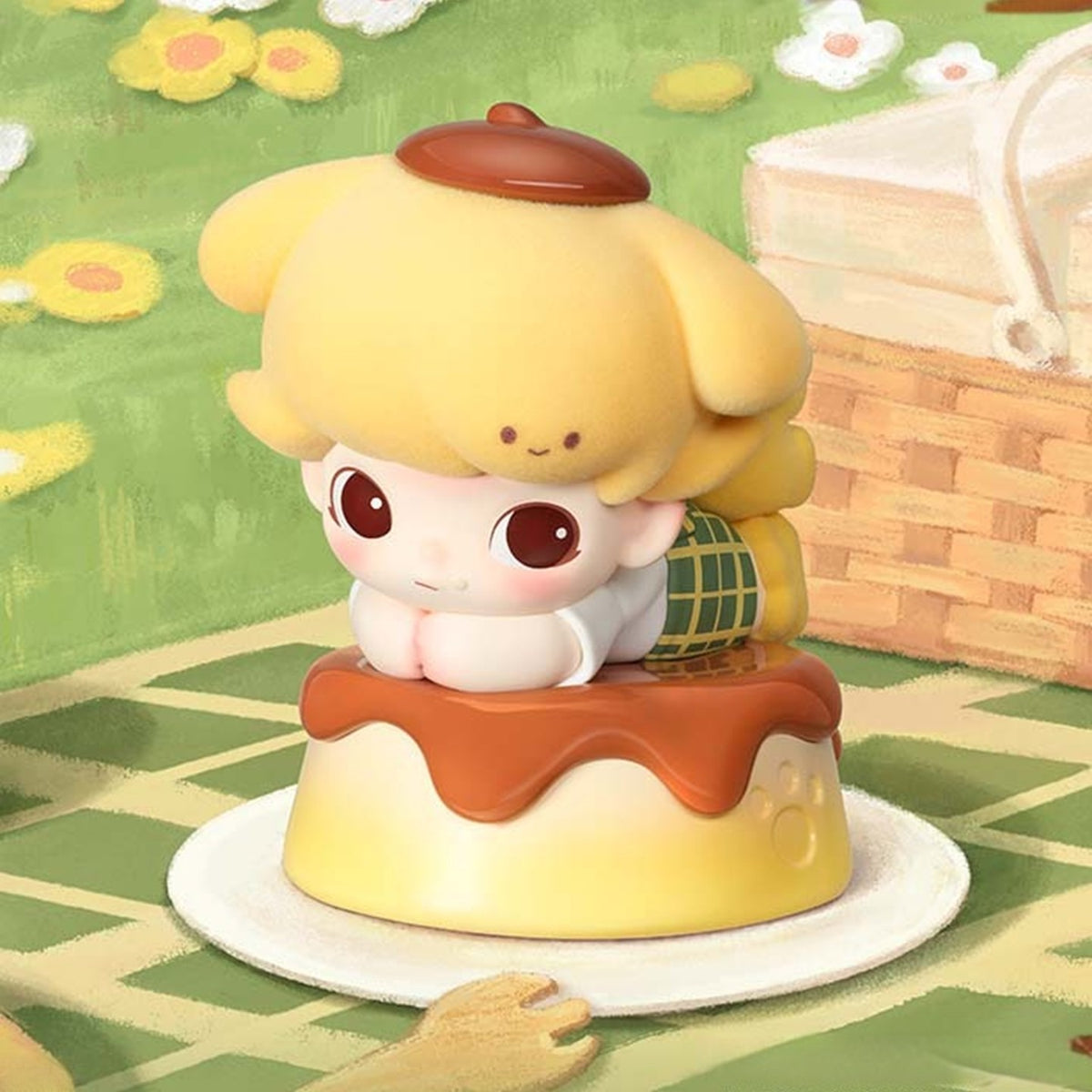 DIMOO WORLD x Pompompurin confirmed figurine, front view on the pudding base in a styled scene