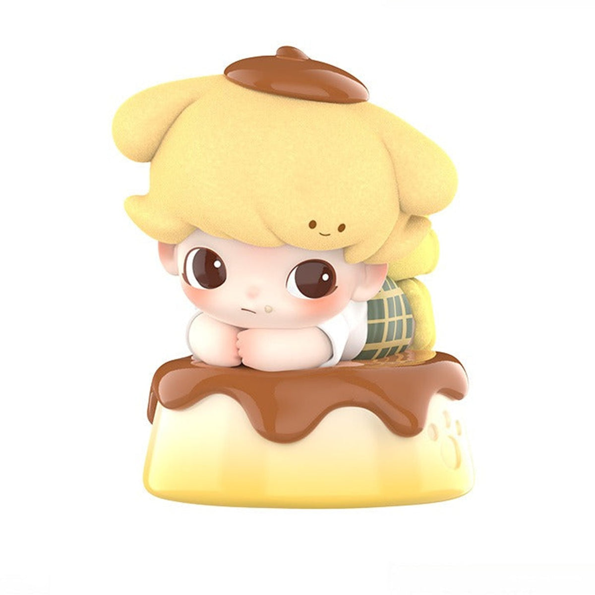 DIMOO WORLD x Pompompurin confirmed figurine, front view on white