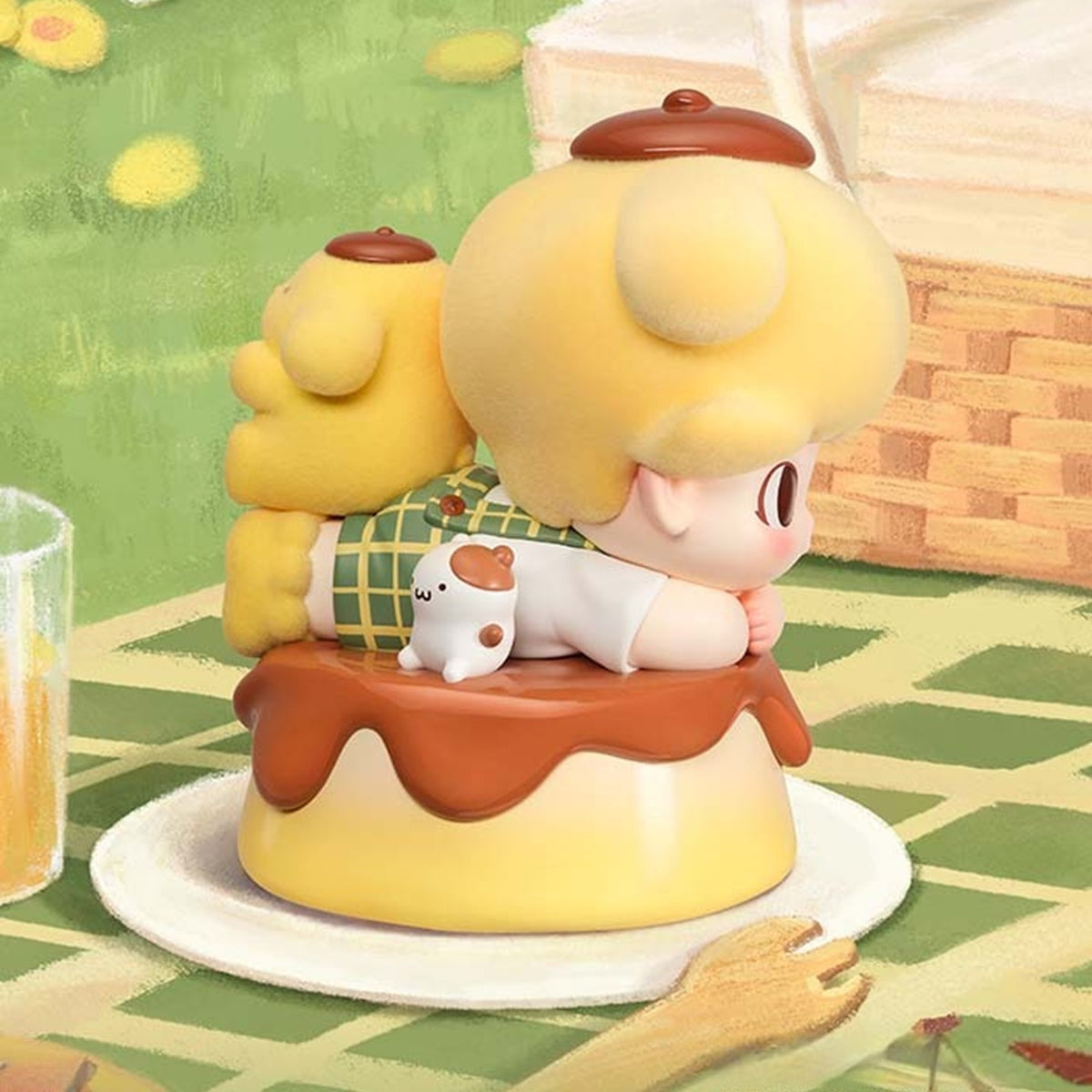 DIMOO WORLD x Pompompurin confirmed figurine, side view of the pudding base and character details