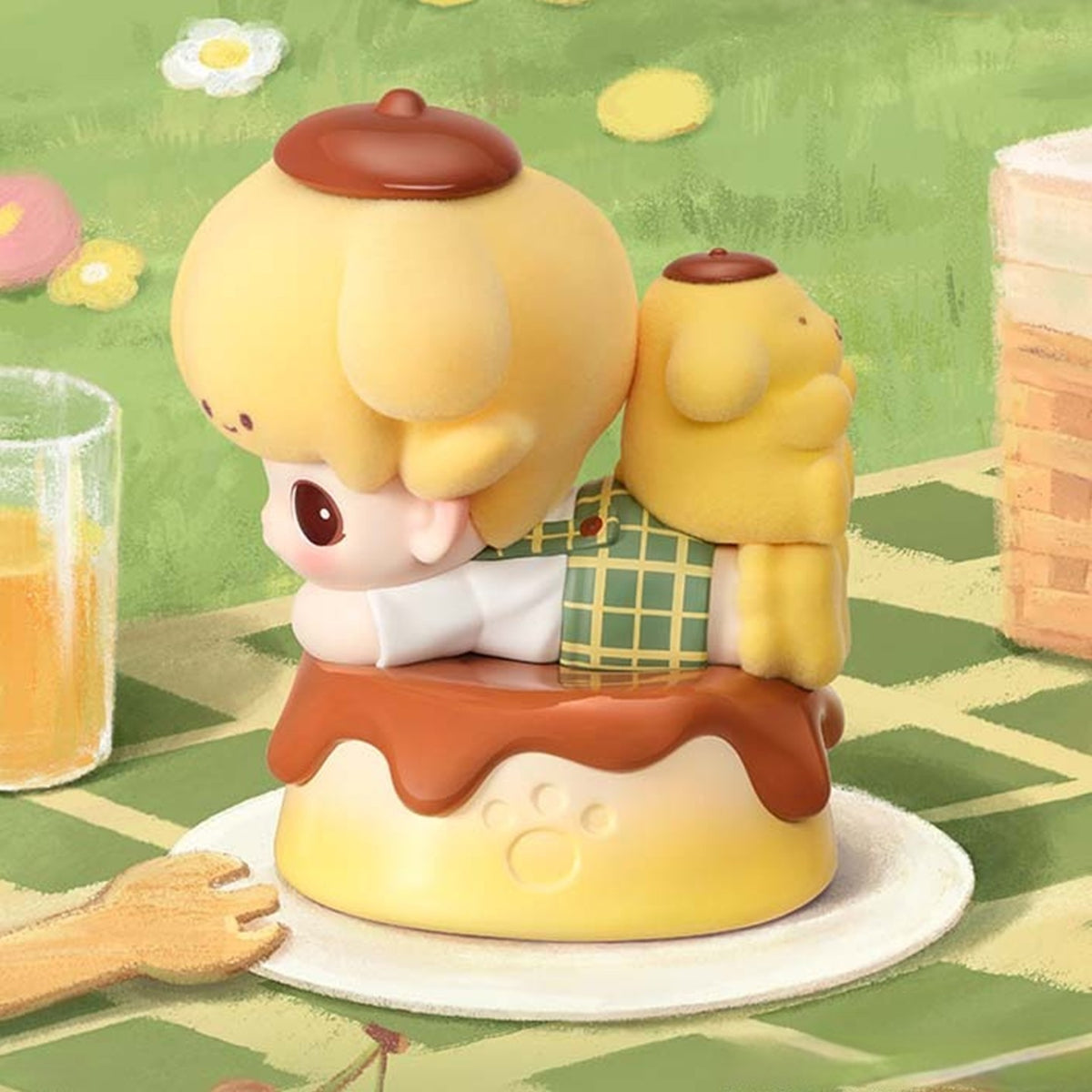 DIMOO WORLD x Pompompurin confirmed figurine, three-quarter view of the pudding base and character details