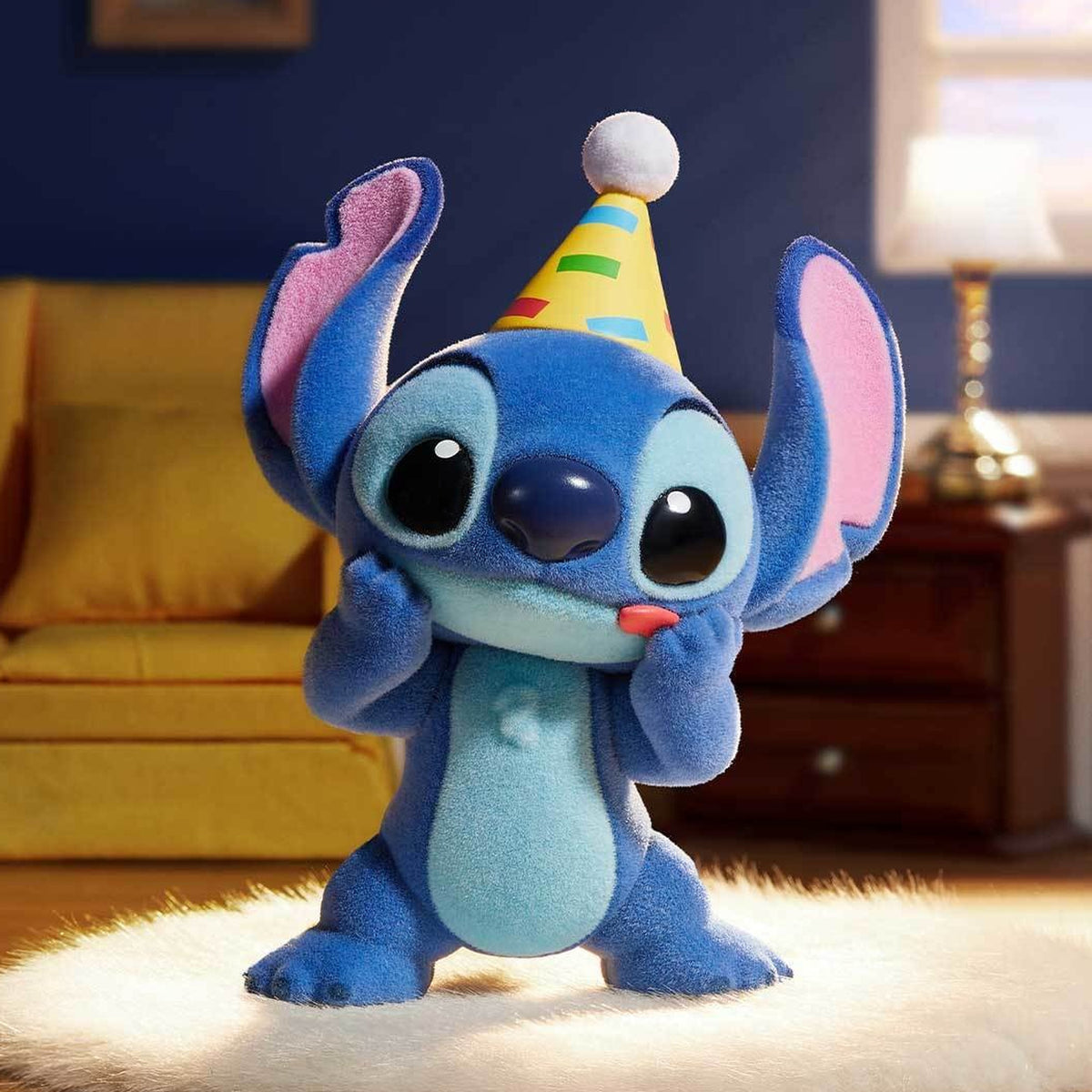 Disney Stitch Little Emotions blind box series - All Smiles design example with party hat in a display scene