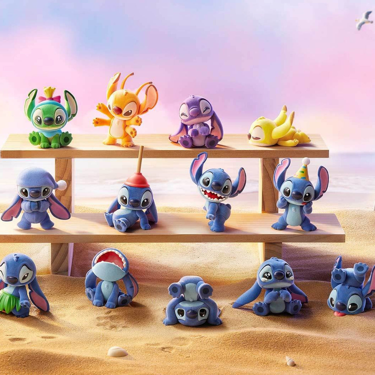 Disney Stitch Little Emotions blind box series - series lineup display showing regular designs and the secret; not the contents of one blind box