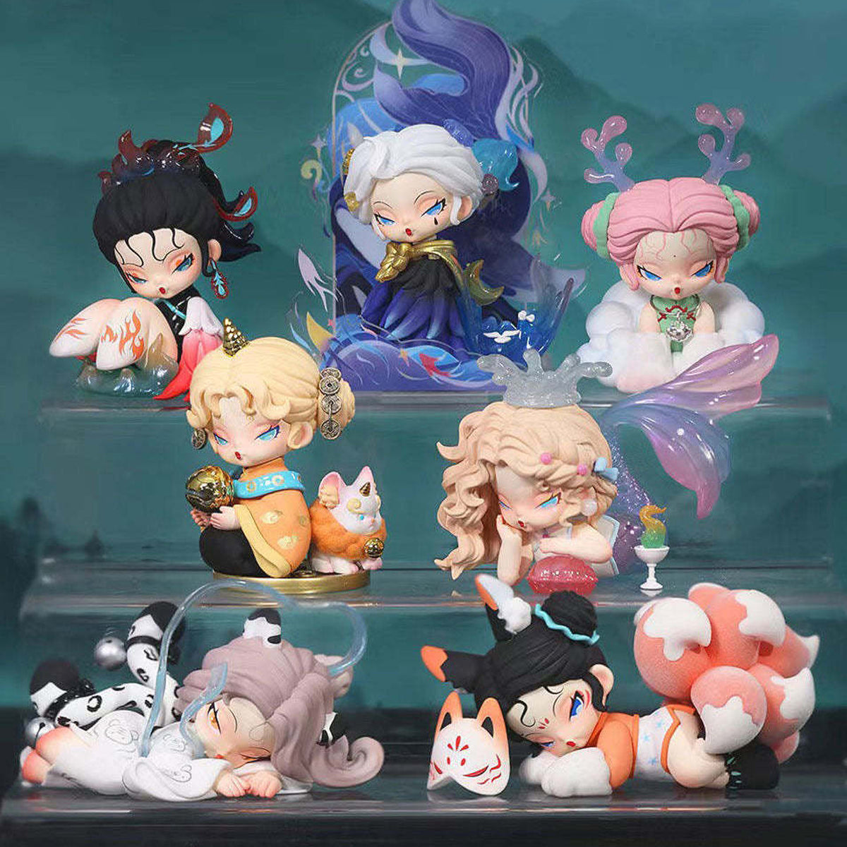 DODO NAMI Floating Mountains and Seas, Blind Box - Series figure comparison with complete central and lower examples; random design not guaranteed