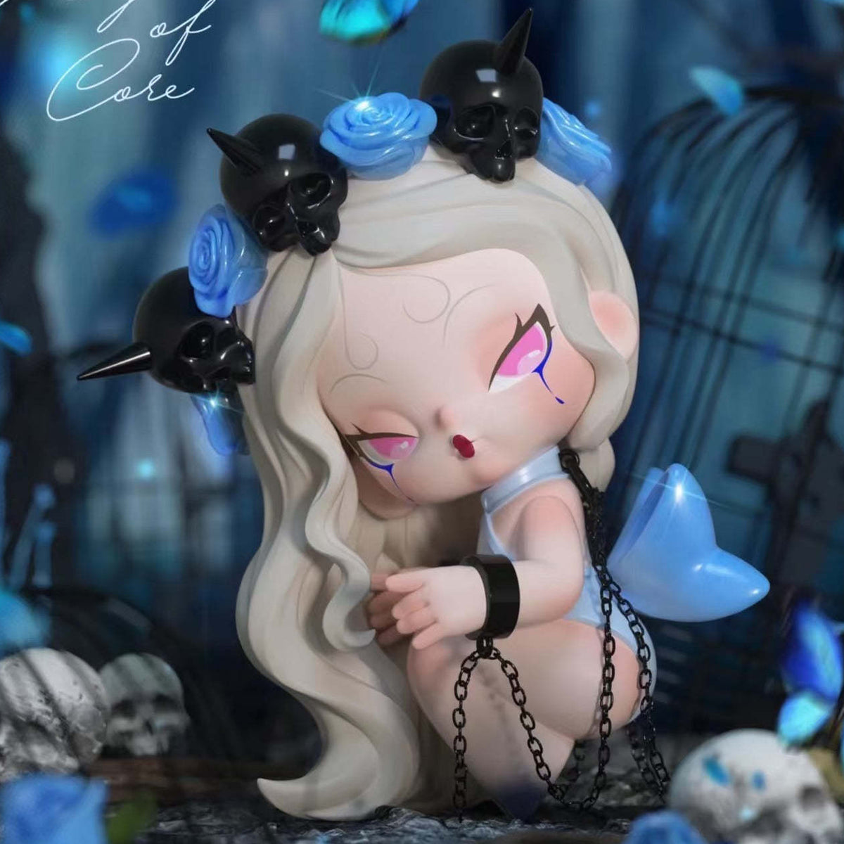 DODO NAMI Nightmare Core Series Figures, Blind Box - Complete pale-haired figure example with blue flower and dark skull headwear; random design not guaranteed