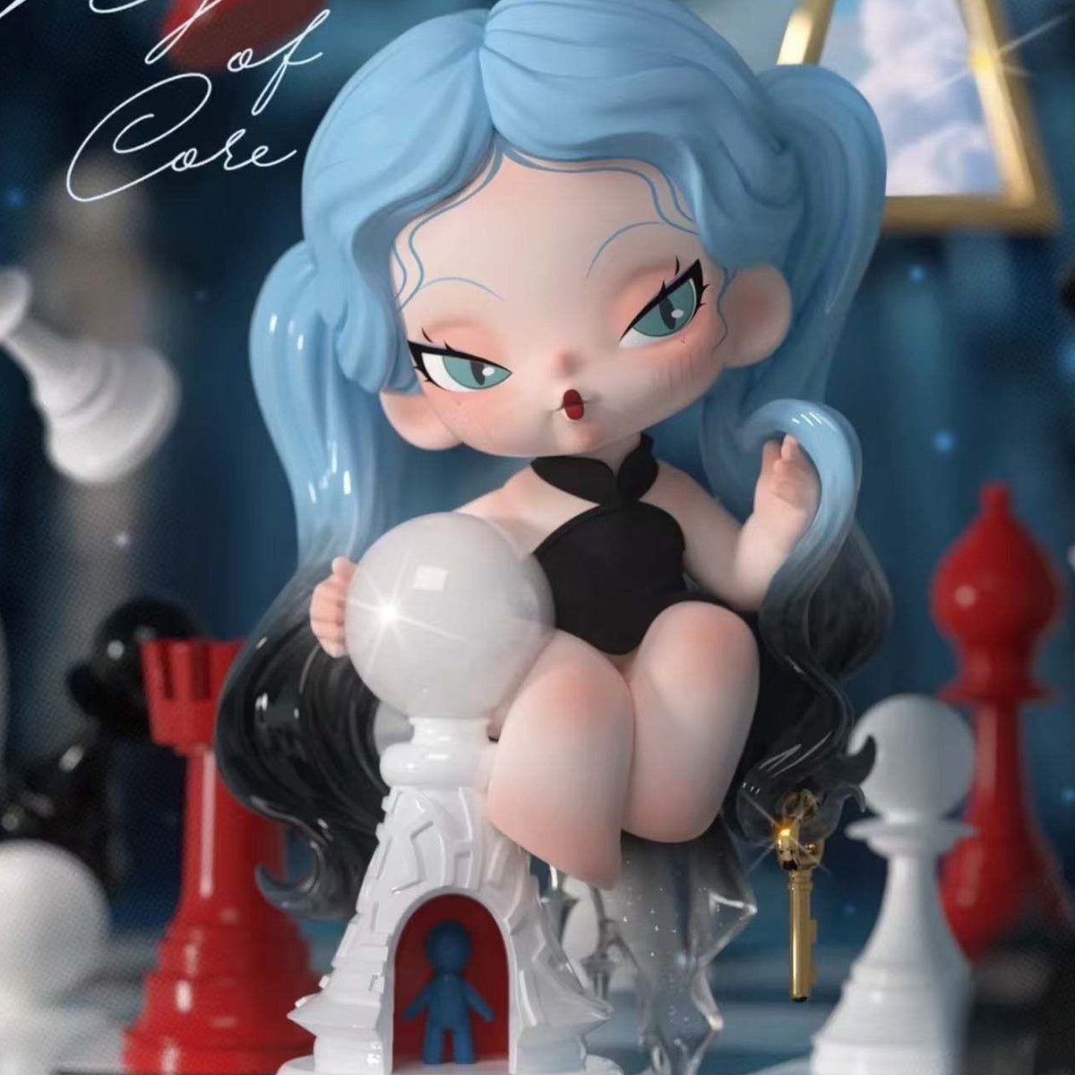 DODO NAMI Nightmare Core Series Figures, Blind Box - Blue-haired seated figure detail with upper hair and lower display structure cropped; random design not guaranteed