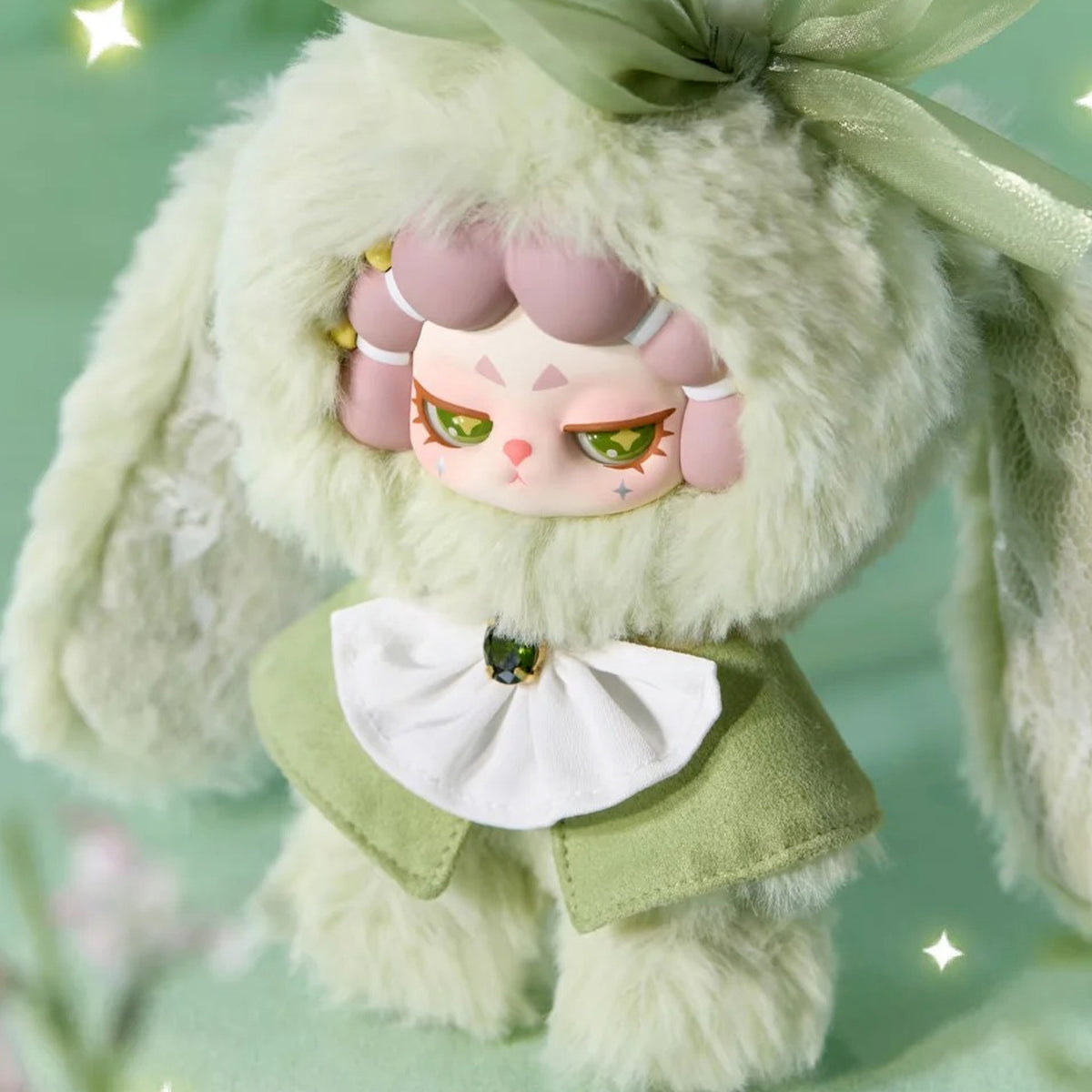 DODO RARA Refusal to be Tamed Series Plush Pendant Blind Box - Green rabbit-hood plush example with bow; upper bow edge cropped; random design not guaranteed